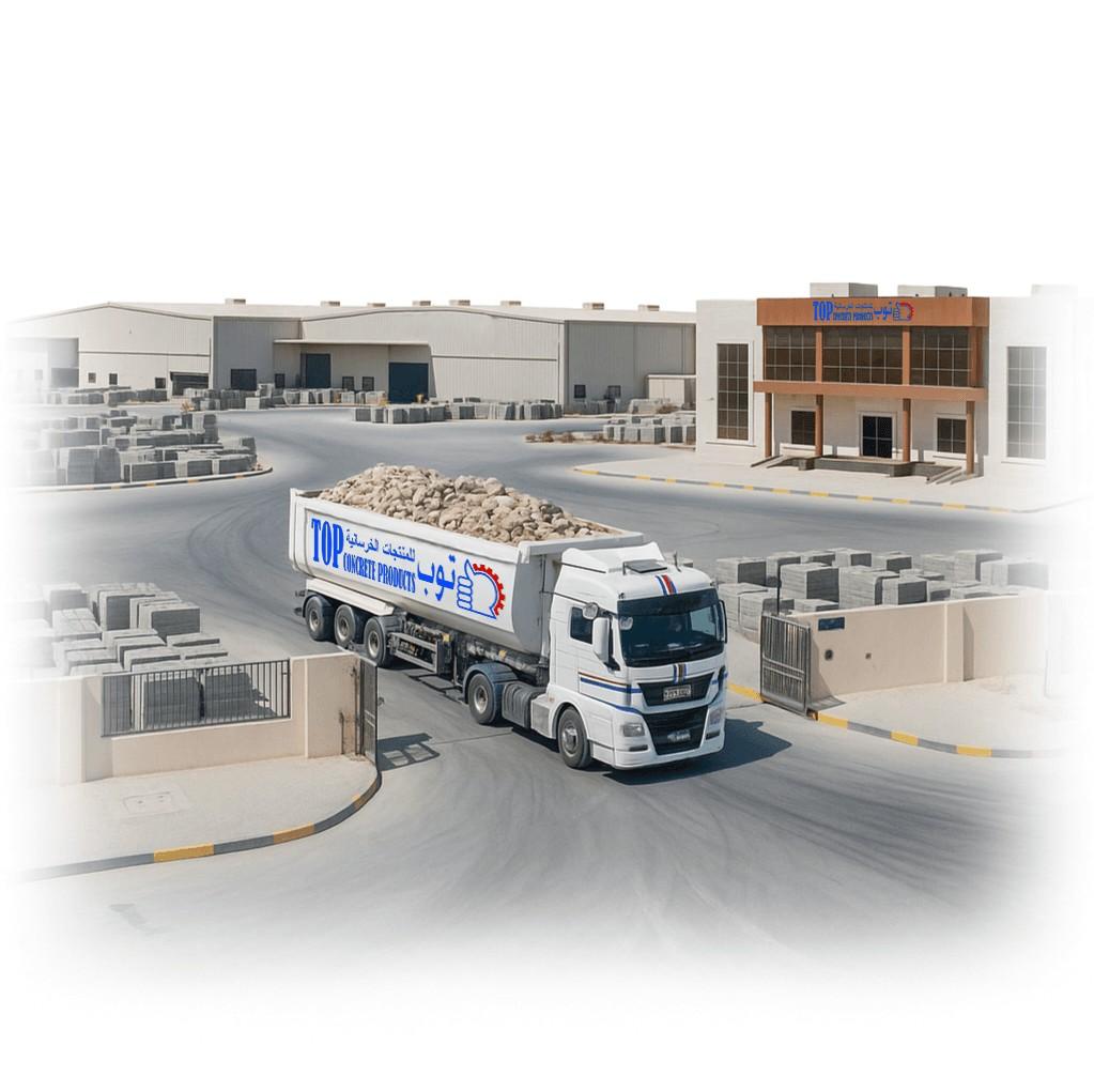 Official headquarters and production facility of TOP Concrete Products Factory in the UAE, featuring a delivery truck loaded with aggregates. This image signifies our large-scale supply and logistics capabilities for concrete blocks, pavers, and precast products.